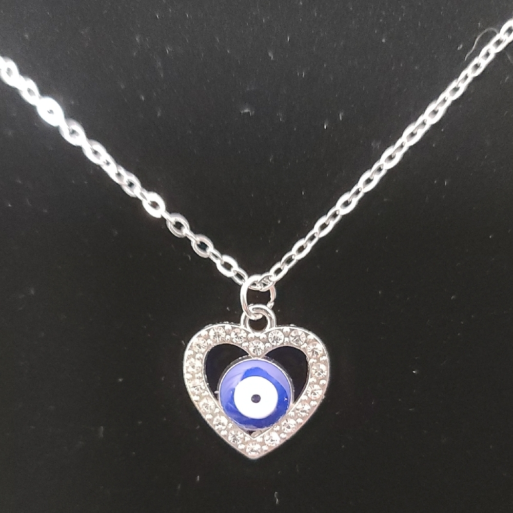 Heart Rhinestone Necklace with Blue Evil Eye Center Pendant